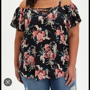 FLORAL GEORGETTE LACE-UP COLD SHOULDER